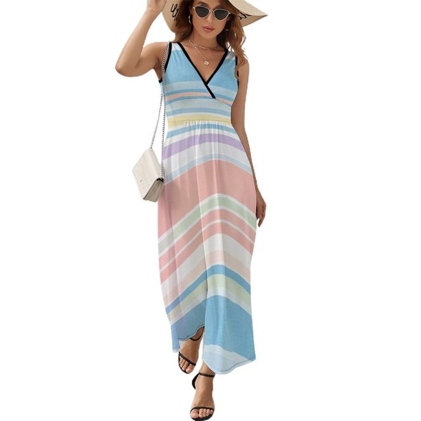 Vestido Largo Sin Mangas Para Mujer, Watercolor Stripes Traje Informal Para Cumpleaños, Verano