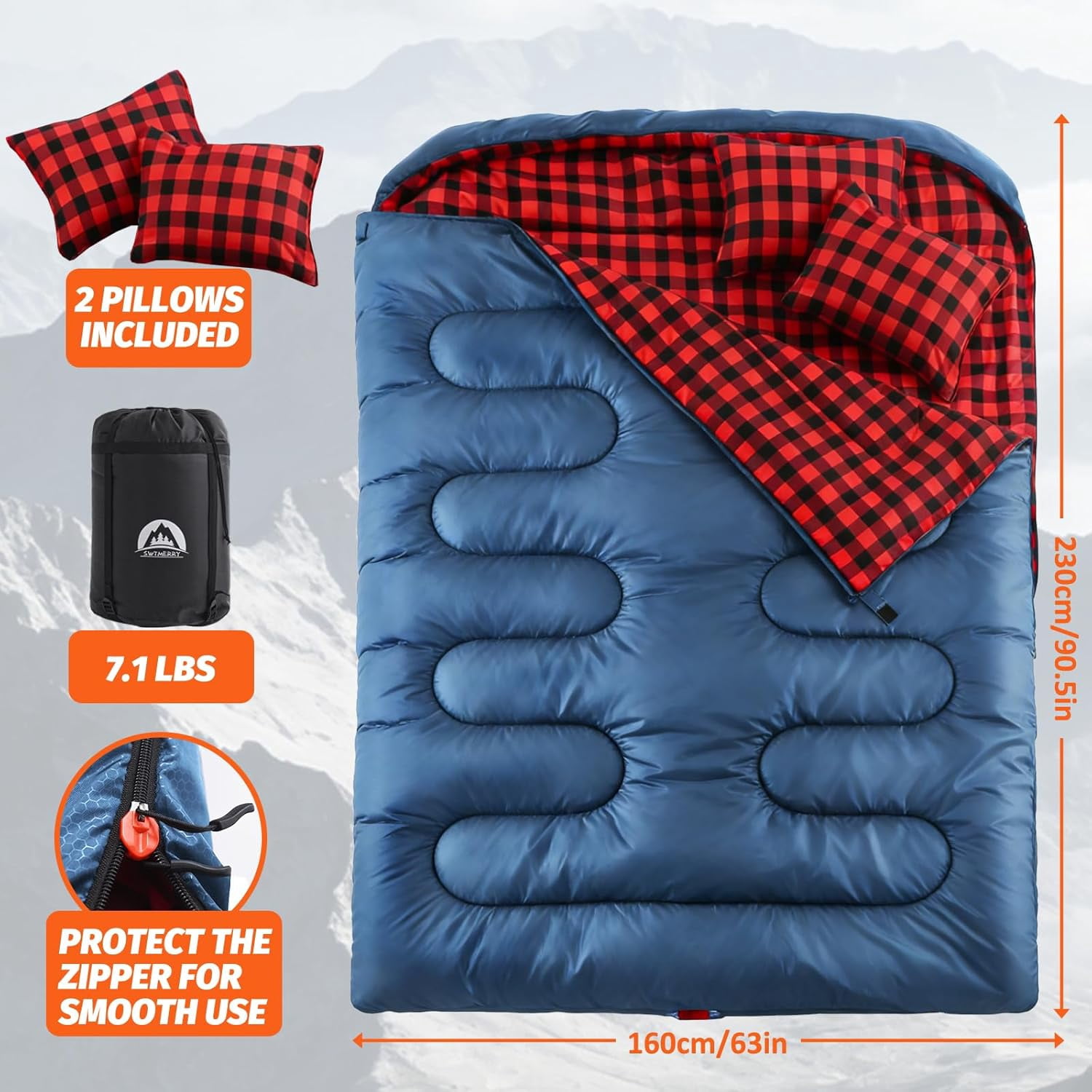 Double Sleeping Bag for Adults with 2 Pillows, Big & Tall Queen Size XL Sleeping Bag for 2 Person, Waterproof & Lightweight Warm for 3 Seasons, Cold Weather,Camping, Hiking & Backpacking
