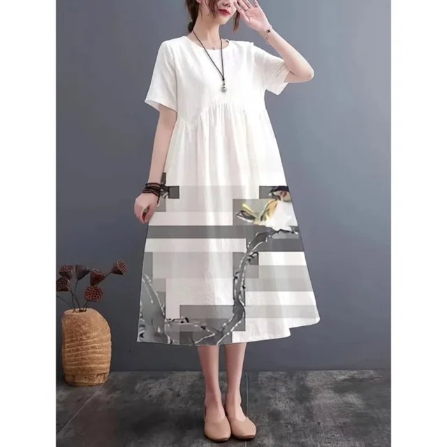 JUNWELL Robe d'Été à Motif Traditionnel, Col Rond, Manches Courtes, Imitation Lin, Légère et Respirante, Confortable