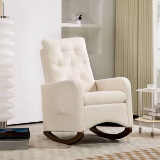 OUYAWEI UpholsteRed Rocking Chair in Fabric with High Backrest,Comfy Glider Accent Chair Rocking Chair,Side Pocket and Rubber Wood Legs,Rocking Chair Nursery for Nursery Room,White