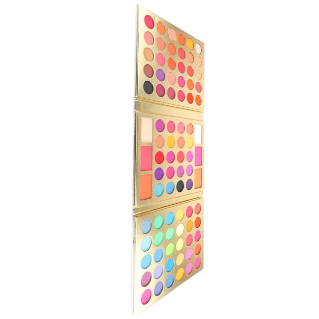 paleta de sombras de ojos, cosmética pigmentados suaves largos duradero 86 colores sombra de ojos para el hogar para mujeres paleta abierta en tres secciones verticales mostrando 86 tonos mate y glitter organizados en filas, estuche rectangular con sombras grandes para contorno y varias sombras pequeñas para transición, tamaño aprox. 20 x 17 x 2 cm; a menudo usada como set compacto para maquillajes de día o fiesta.