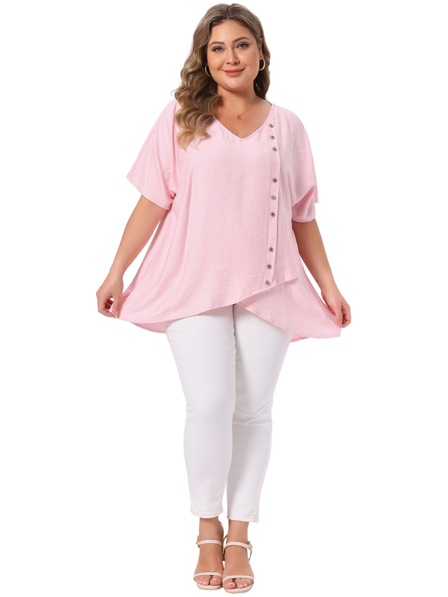 DARING DIVA Women's Plus V Neck Button Irregular Hem Blouses T-Shirts 4X Pink