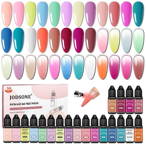 JODSONE No‑Dilution Airbrush Gel Nail Polish Set 20 Colors, Fine Mist for Ombre French Nail Art, Home & Salon Use
