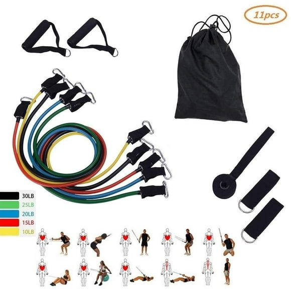 Resistance Band Set, 11 Pieces, Incl. 5 Exercise Bands, Door Anchor, Foam Handles, Carrying Bag For Resistance Training, Physiotherapy, Training At Home, Stackable Up To 45 Kg