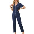 thumbnail image 1 of Conjunto de pijama para mujer INSPIRE CHIC, botón, suave, de manga corta, ropa de dormir, pantalones largos, conjunto de 2 piezas, XL, azul marino, 1 of 6