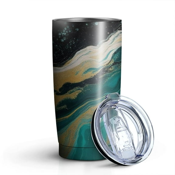 20oz Tumblers Teal Marble Gold Wave Pattern Stainless Steel Vacuum Insulated Double Wall Travel Tumbler Cups Mug with Lid and Straw,Cleaning Brush for Cold & Hot Drinks