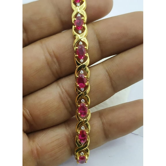 4.25 Ct Oval Cut Ruby & Simulated Diamond X-Link Tennis Bracelet – 7" – Lab-Created Gemstones – 14K Yellow Gold Plated 925 Sterling Silver – Elegant Wedding or Anniversary Gift