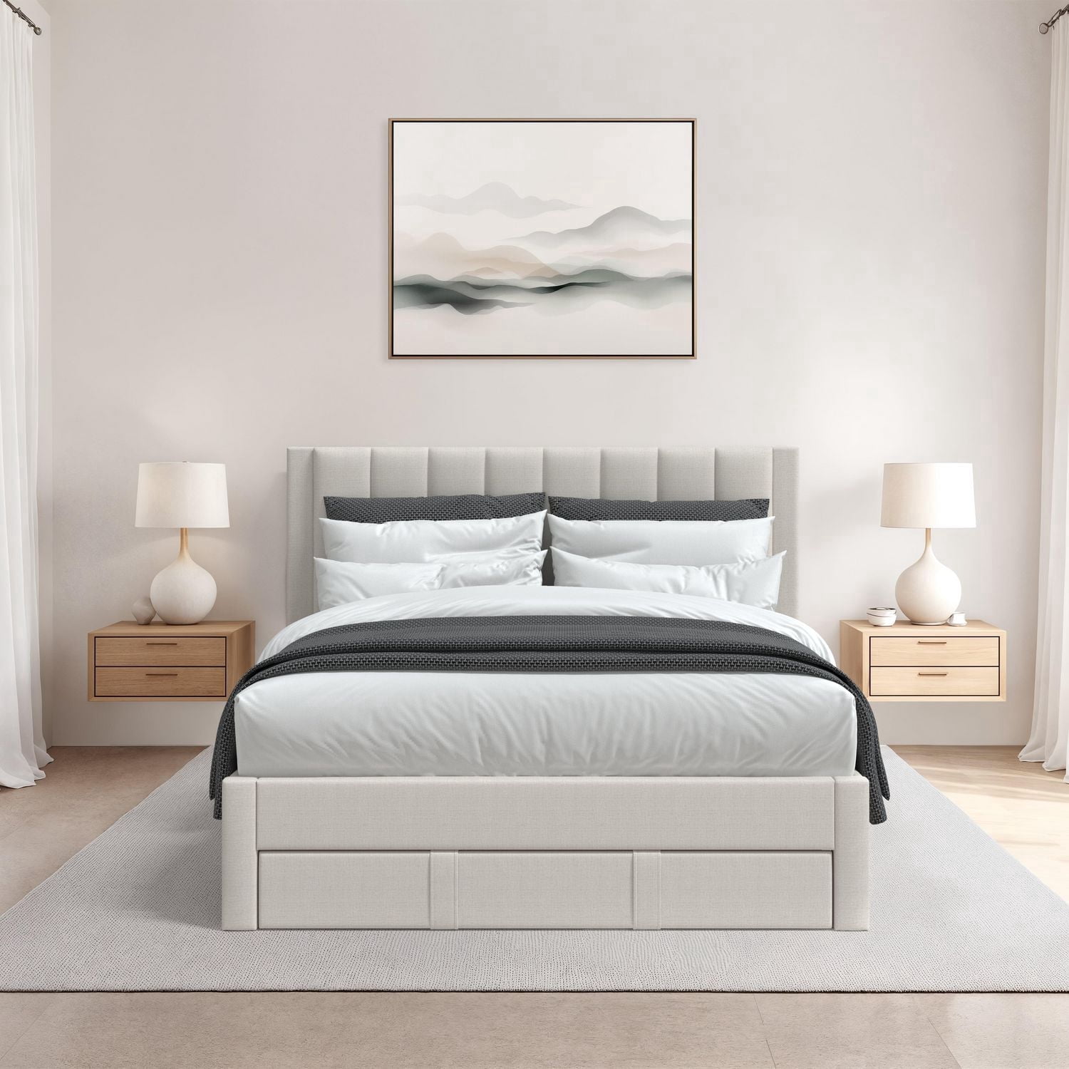 Lit plateforme capitonné et rembourré avec rangement CorLiving Metro Beige en versions double/double