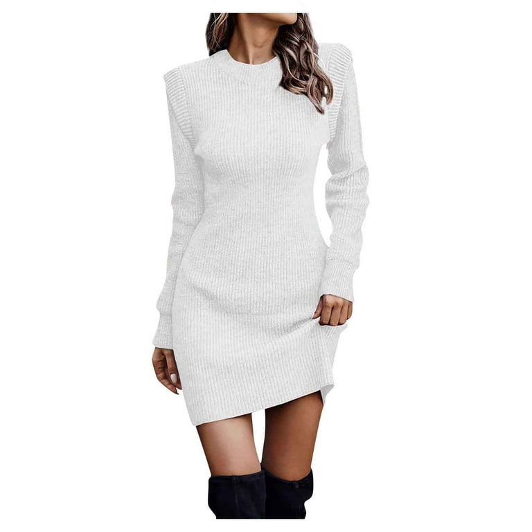 Women's Fall Winter Sexy Solid Color Round Neck Long Sleeve Sweater Dress,  Elegant and Chic Knit Dress with a Form-Fitting Design for Evening  Wear,White,L - Walmart.com