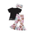 thumbnail image 3 of 2-6Y Fashion Girls Summer Clothing Sets Tassel Letter Print Short Sleeve T-shirts+Donuts Print Flare Pants/Ripped Denim Shorts, 3 of 6