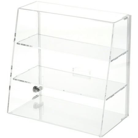 Plymor Clear Acrylic Locking Display Case with Slanted Front and Sliding Back, 2 Flat Shelves, 13.75" H x 14" W x 7.75" D