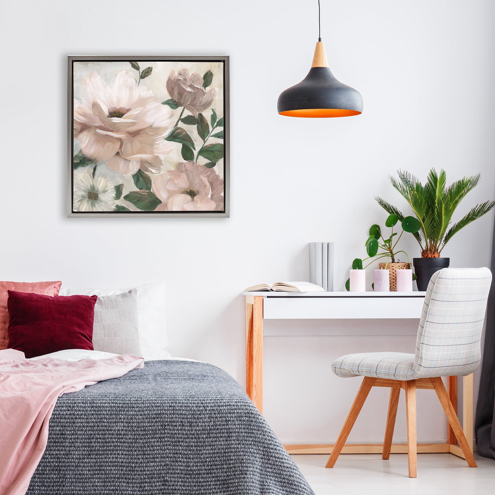Stupell Industries Budding Blush Peonies & Leaves Gray Framed Floater Canvas Wall Art, design by Nan