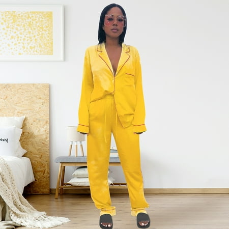 

FITORON Womens Pajama Sets- spring and summer simulation silk long sleeve cardigan suit home wear Yellow L