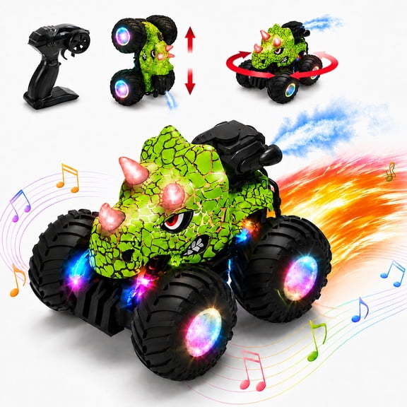 WonderStone Remote Control Car, 2.4GHz Dinosaur Monster Truck Toy with Light Spray, All-Terrain RC Car with Music, Toddler Toy for Boys and Girls Ages 3 , Green