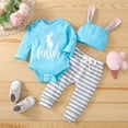 thumbnail image 2 of ZHUASHUM Baby Outfits For Boys Girls Long Sleeve Easter Clothes Outfits Letter Cartoon Rabbit Prints Romper Bodysuit Striped Pants Hat Outfits A,3-6 Months, 2 of 6