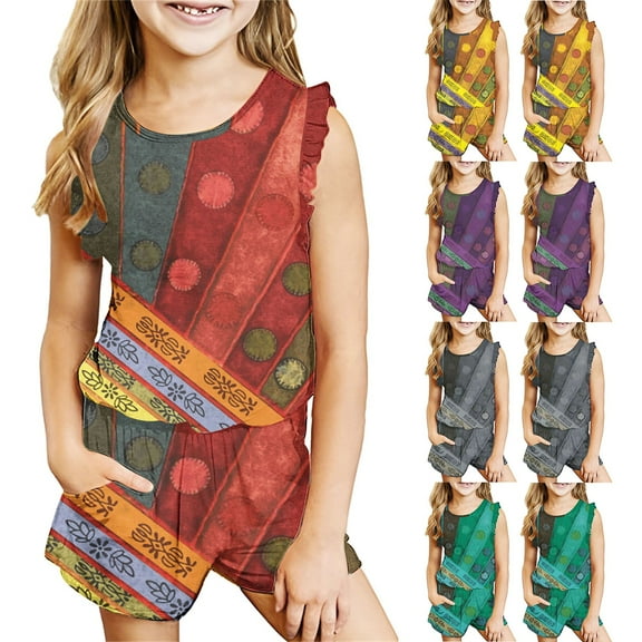 Uxgjfwu Toddler Outfit Sets Casual Sleeveless Summer Clothing Sets Vest Shorts Sets Kids Round Neck Collar Printed Shorts Sets