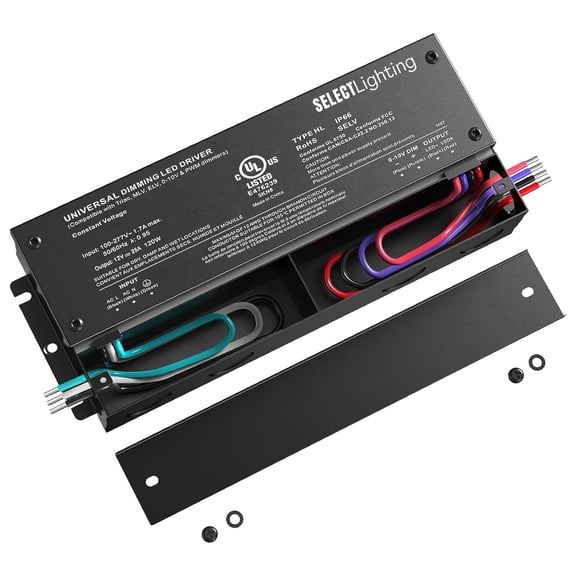 Select 120W 12V Dimmable Driver, 4-in-1 (ELV, MLV, 0-10V, TRIAC), IP65 Waterproof, Class 2 for LED Tape Installation, Adaptive Dimming, Various Wattages for Architectural, Hospitality & Retail
