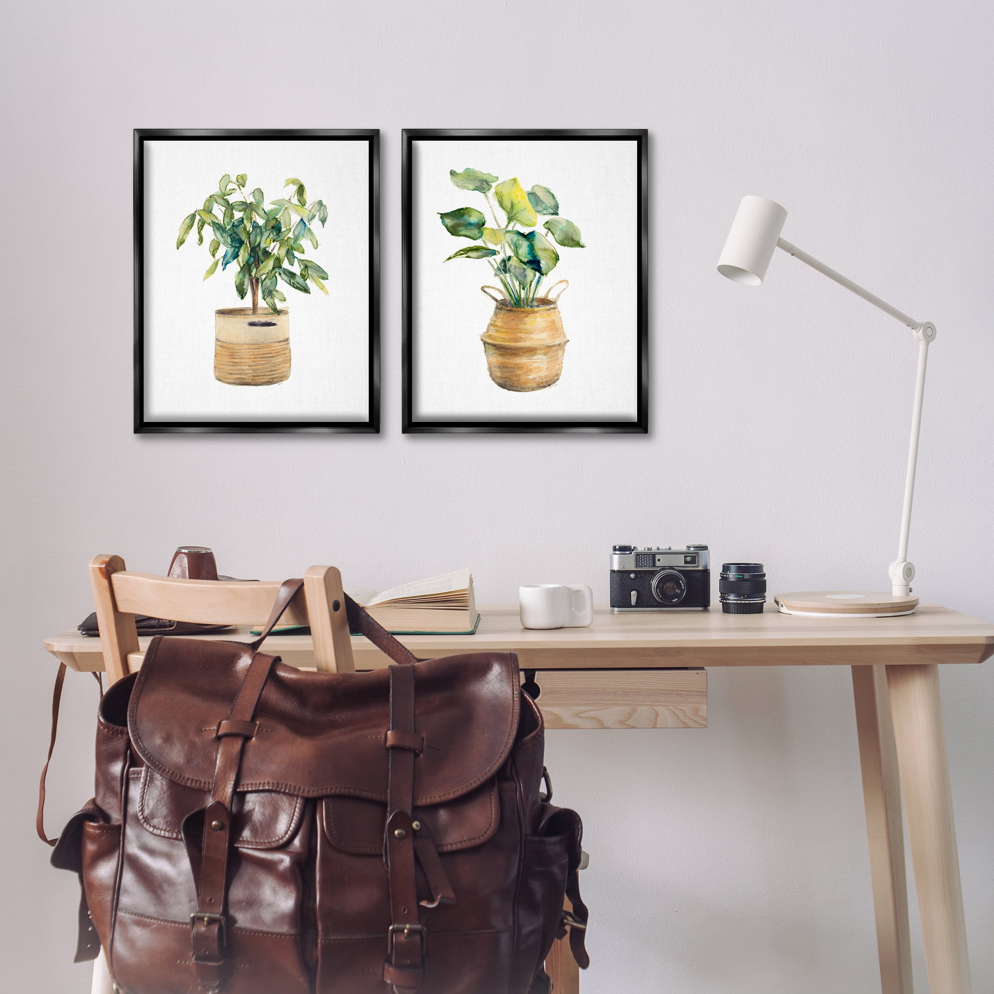 Stupell Industries Lush Houseplants in Wicker Pots Plants & Flowers Painting Black Floater Framed Canvas Art Print Wall Art, 17 x 21, Set of 2