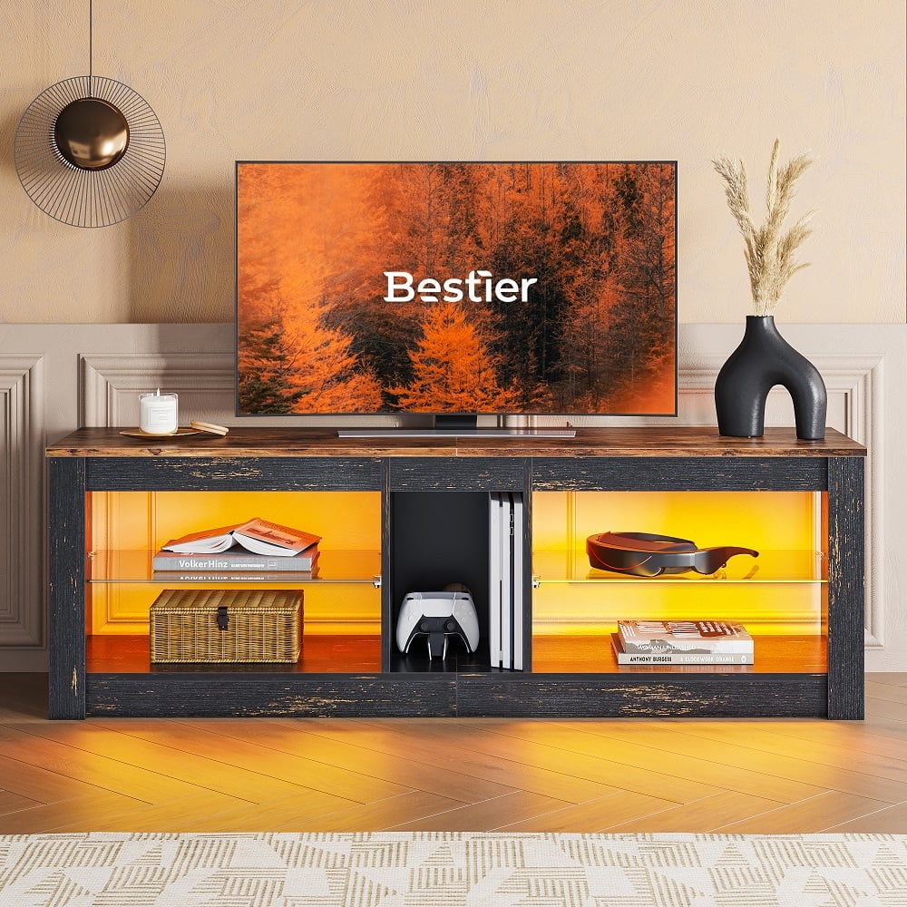 Bestier LED TV Stand for 65 inch TVs, Entertainment Center with Storage,TV Console Table for Living Room with Adjustable Shelves,Golden Black