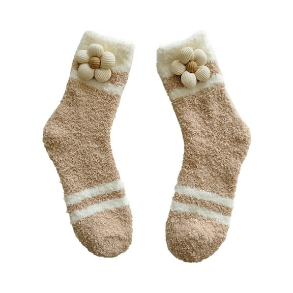 Tiqkatyck Ankle Socks Clearance, Women's Winter Thick Non Slip Sleeping Socks With Small Flowers Warm Mid Calf Floor Socks Coral Velvet Socks Crew Socks for Women No Show Socks Womens Beige One Size