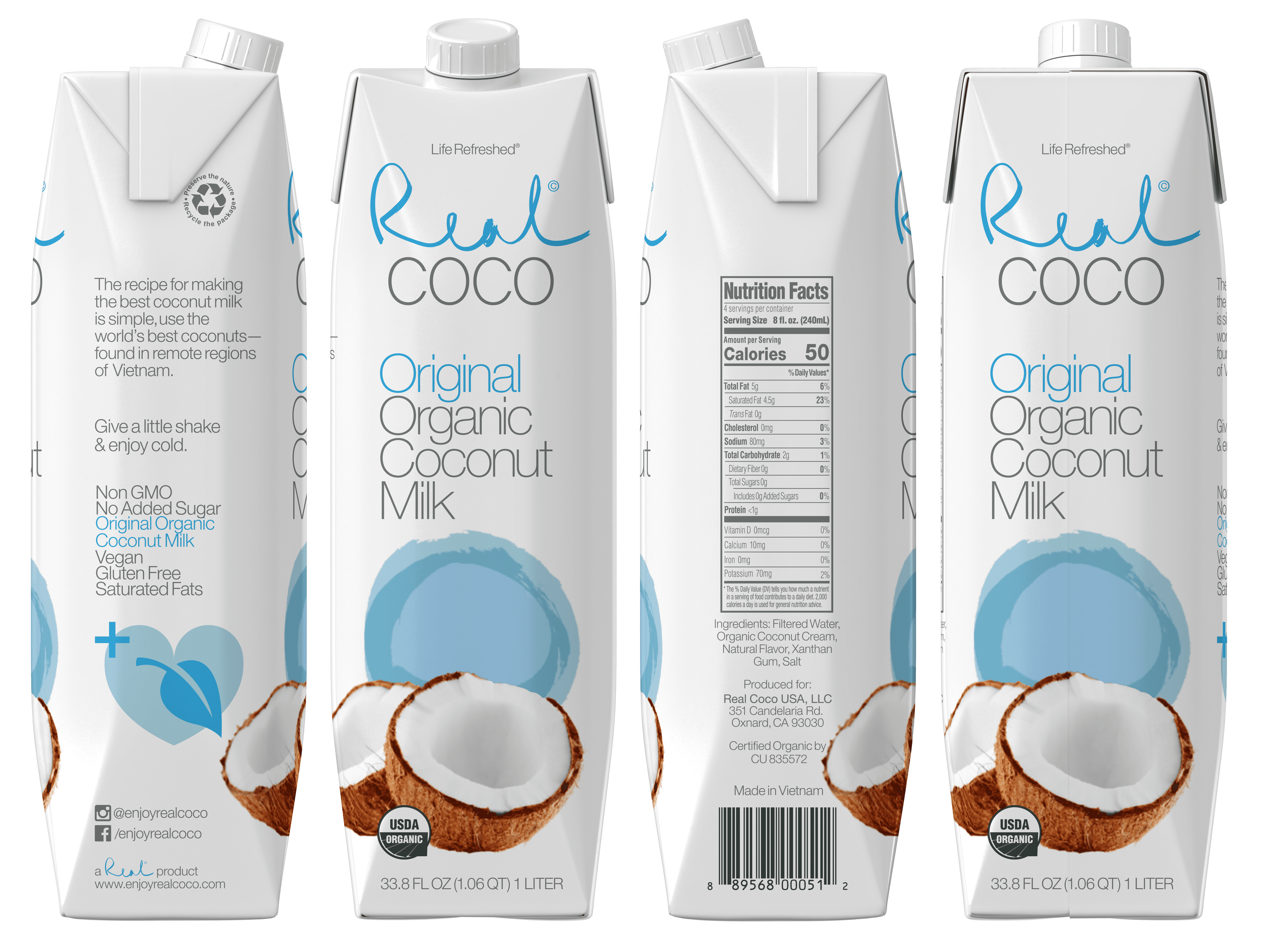 Real Coco Organic Original Coconut Milk 1L, USDA Organic, No Added Sugar, Plant Based, Dairy & Soy Free, Vegan, Keto and Paleo Friendly, (6-pack, 1L)