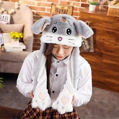 Cute Bunny Fuzzy Warm Plush Rabbit Winter Caps Girls Ear Moving Jumping Hats 