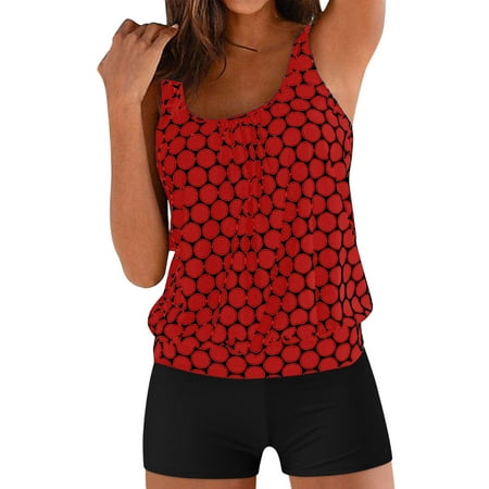 Plus Size Swimsuit For Women Vintage Floral Flowy Tankini Swimsuits Two Piece Tummy Bathing Suits V-Neck Printing Swim Tank Tops For Women With Boyshorts Swimwear #17 Red Xl