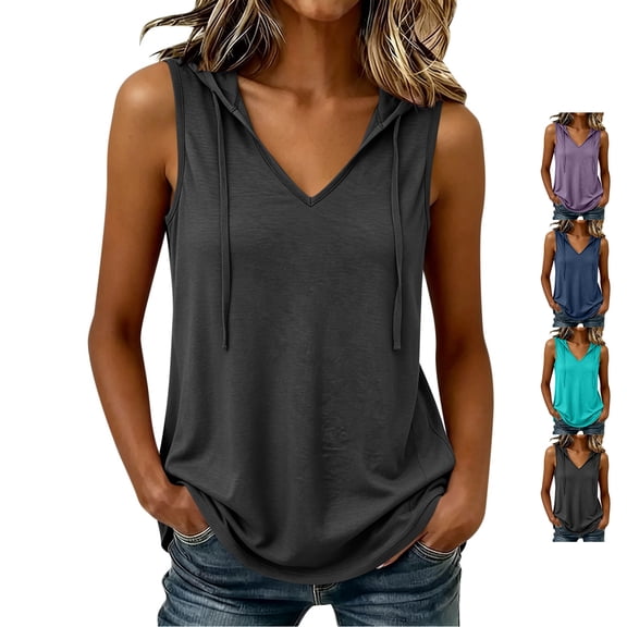 TGSLY Hoodie Tank Tops for Women Lightweigh Thin Casual Drawstrina V Neck Sleeveless Tunic Blouses Relaxed Fit Solid Color Baggy Hooded Tshirts XXXL