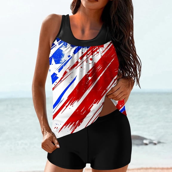 pstuiky Swimsuit for Women Independence Day Crew Neck High Waist Plus Size Adaptable Two Piece Bathing Suits Womens Swim Suits Tankinis Chest Support with Boy Shorts Womens Swim Suits