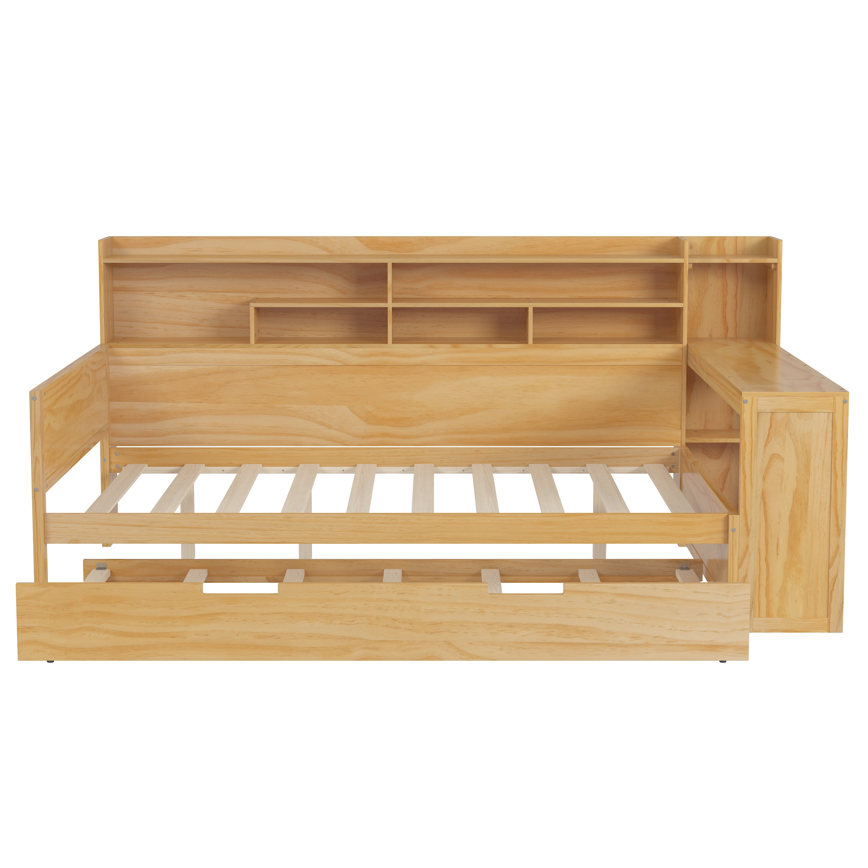 Euroco Wood Full Size Daybed with Trundle, Storage Captain Bed with Desk and Shelves, Natural
