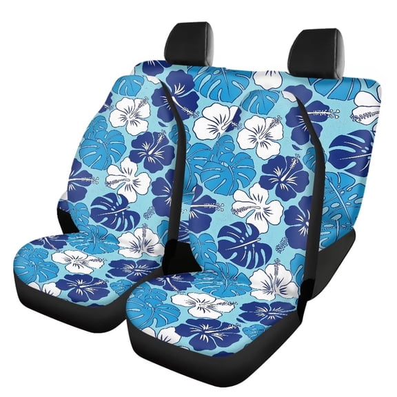 Qpednta Car Seat Cover Auto Accessories Interior 4Pcs, Anti Slip Hawaiian Flowers Blue Front Seat Protector Car Seat Rear Split Bench Cover Universal Fit Most Cars,SUV, Trucks