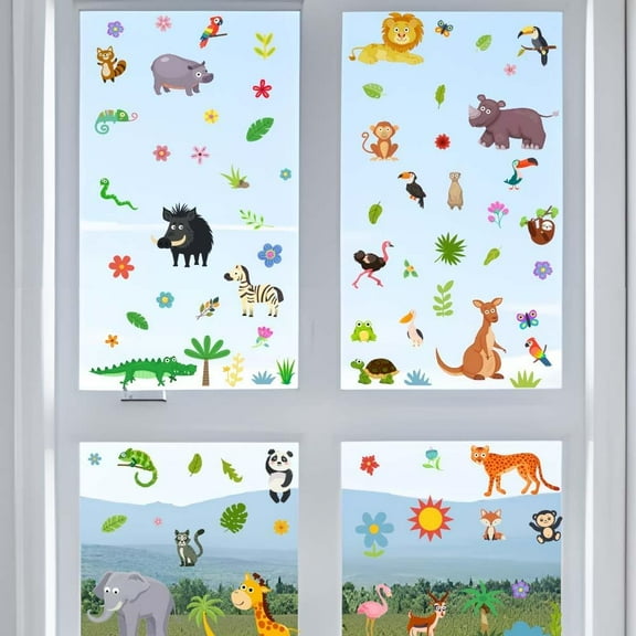 6 Sheets Jungle Animals Window Clings Stickers for Kids Window Clings Decals Zoo Animals Window Stickers Non-Adhesive Sticker Kids Toddlers Home Classroom Nursery Party Supplies Decor colorful