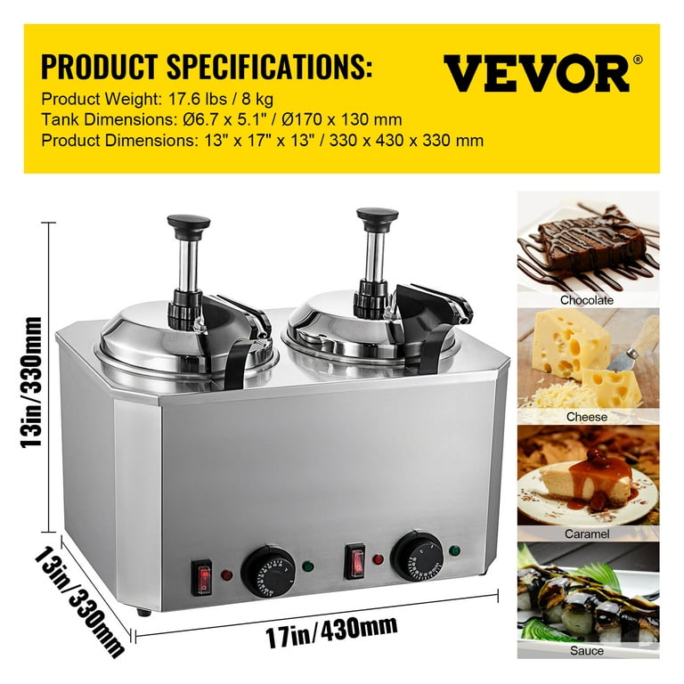 VEVOR 650W 2.4 QT Hot Fudge Warmer - Food-Grade Stainless Steel