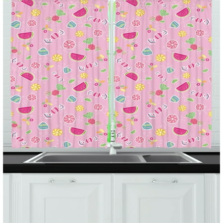 Sweet Curtains 2 Panels Set, Candies Yummy Treats Watermelon Creative Delicious Tastes Kids Design, Window Drapes for Living Room Bedroom, 55W X 39L Inches, Pale Pink Magenta Mint, by Ambesonne