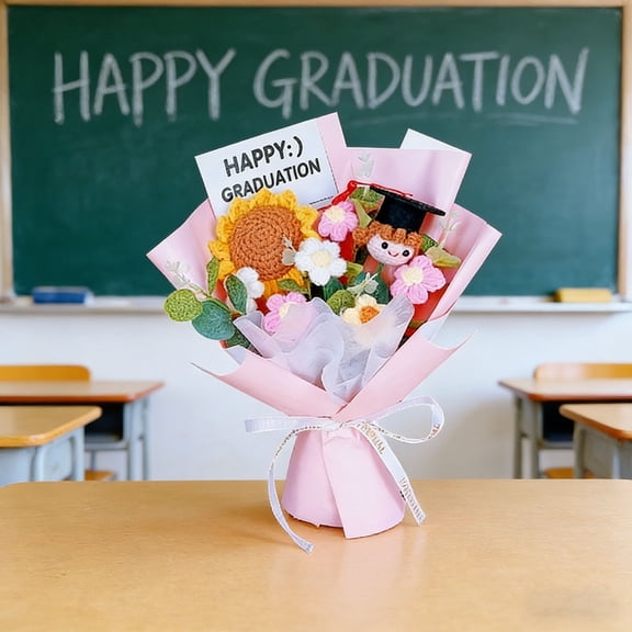 Graduation Gifts, Handmade Knitted Flower Bouquet Sunflower with Plush Bear Class of 2026 Graduation Gifts for Her Him Grad Celebration Ceremony Gifts (Pink)