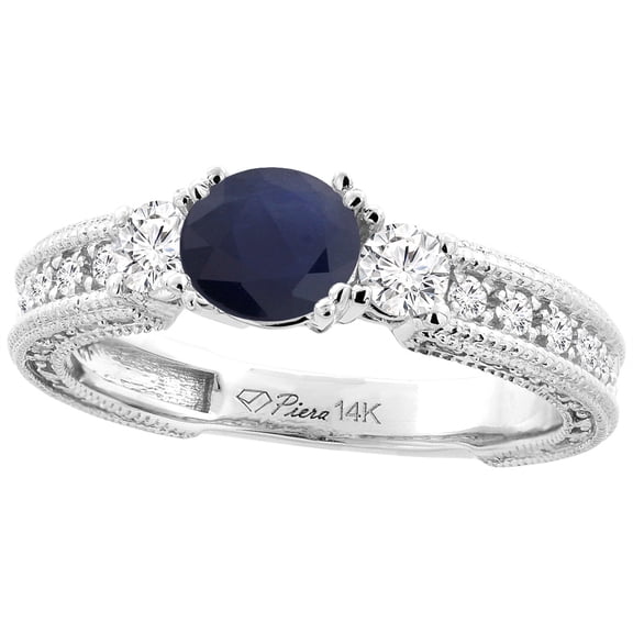 14K White Gold Diamond Natural Quality Blue Sapphire Engagement Ring Round 6 mm, size 7.5