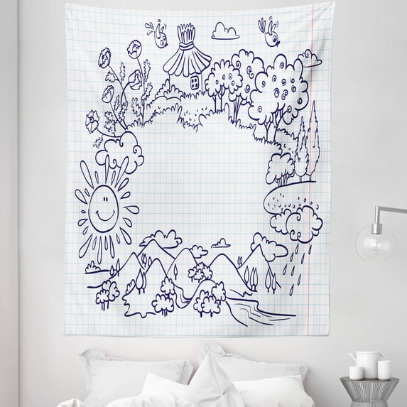 Cartoon Tapestry, Summer Frame with Flowers Mountains Trees and Smiling Sun, Fabric Wall Hanging Decor for Bedroom Living Room Dorm, 5 Sizes, Pale Blue Dark Blue, by Ambesonne
