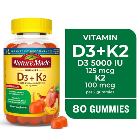 Nature Made Vitamin D3 K2 Gummies, Vitamin D for Bone, Muscle & Immune Support, 80 Count