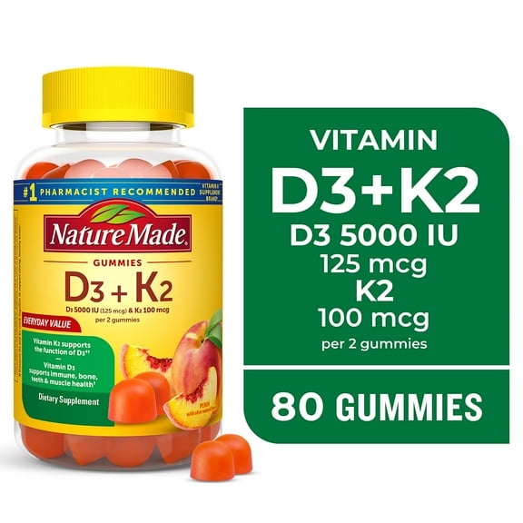 Nature Made Vitamin D3 K2 Gummies, Vitamin D for Bone, Muscle & Immune Support, 80 Count