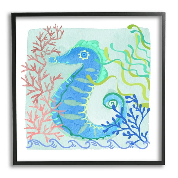 Stupell Industries Funky Seahorse Portrait Layered Sea Life Botanicals Graphic Art Black Framed Art Print Wall Art, Design by unknown