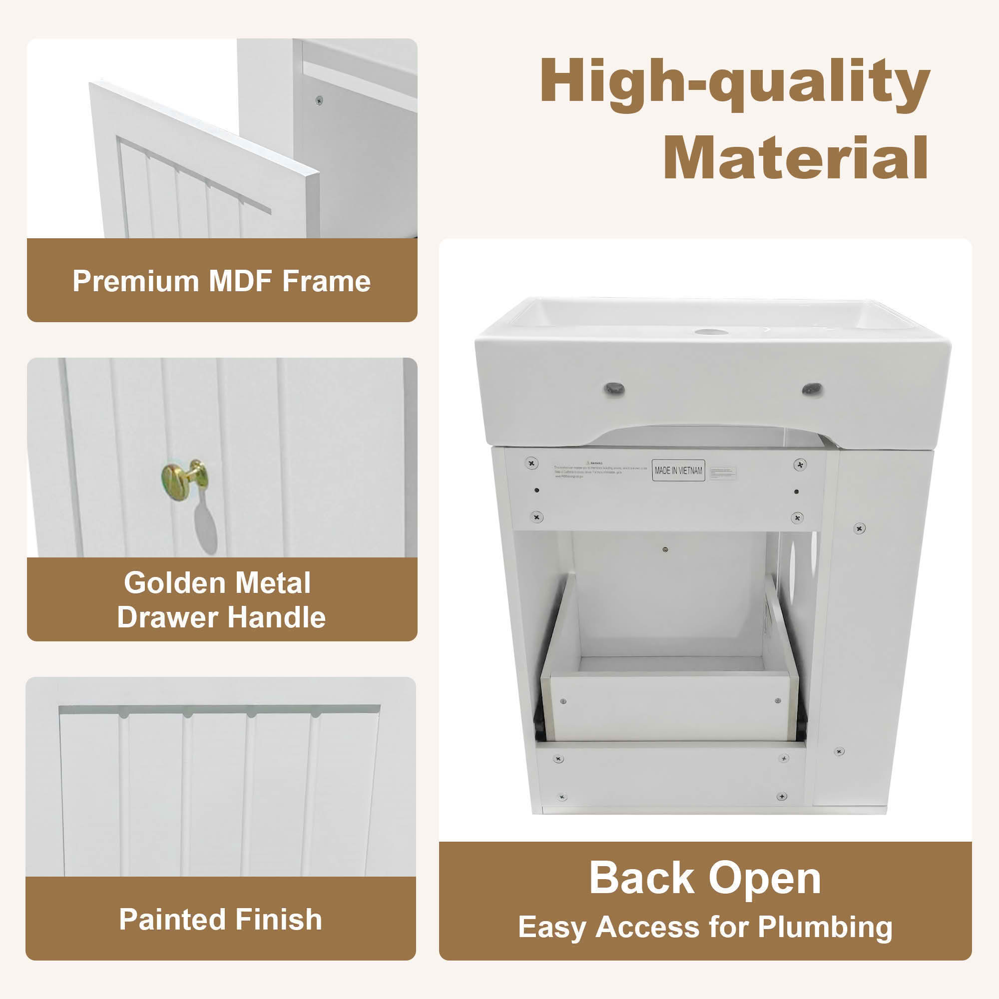 MAYEERTY 20" Bathroom Vanity Ceramic Sink MDF Storage Drawer Side Shelf Golden Handle Small Bathroom