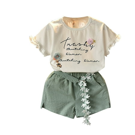 

DNDKILG Toddler Baby Girls Summer T Shirts and Set Outfits Clothes Set Short Sleeve with Green 1Y-6Y 130