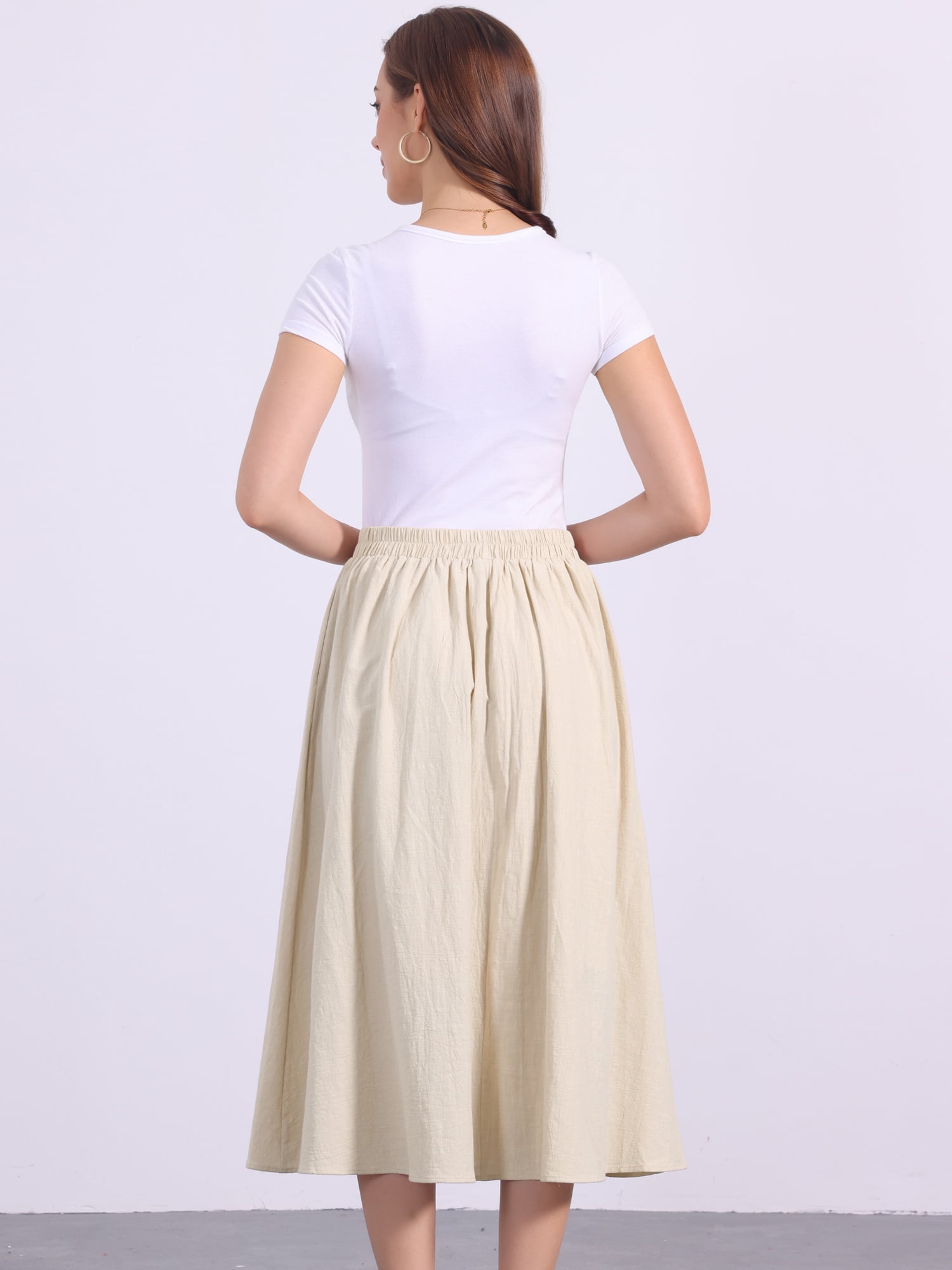 DARING DIVA Women's Elastic Waist A Line Casual Summer Midi Skirt with Pockets S Khaki
