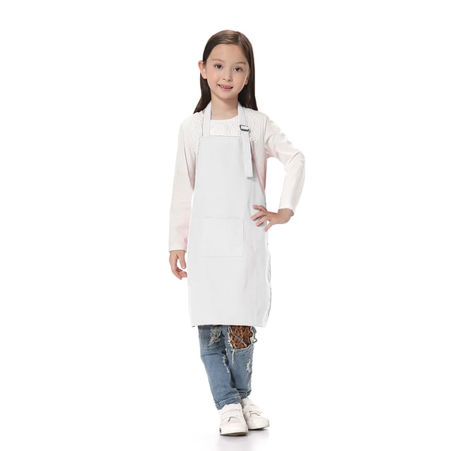 TOPTIE Kids Aprons with Pocket & Adjustable Strap, Child Chef Bib Apron for Kitchen Cooking Baking Painting-White-XL