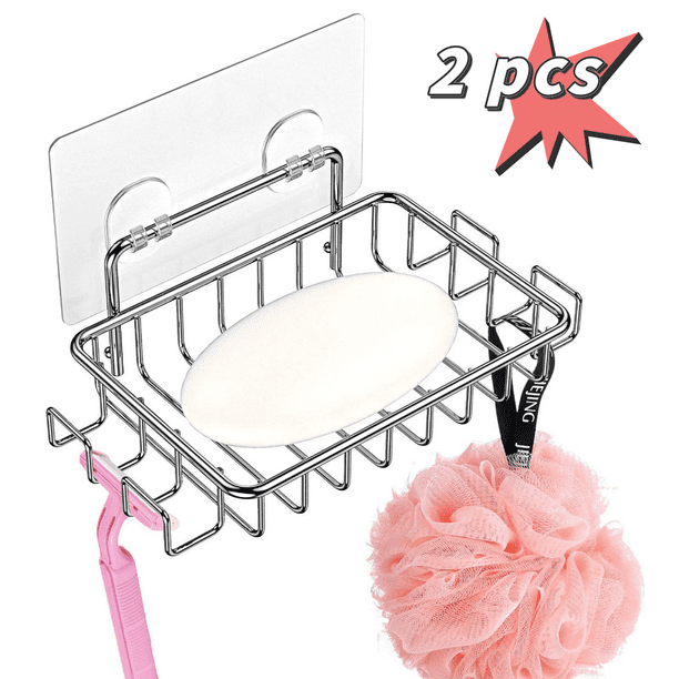 Bar Soap Holder for Shower Wall with 4 Hooks, Stainless Steel Adhesive