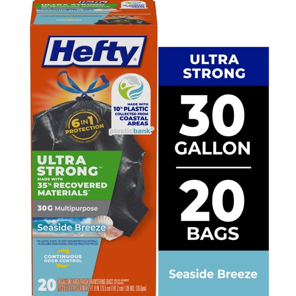 Hefty Ultra Strong 30 Gallon Trash Bags, Multipurpose Large Trash Bags Made with Recovered Materials, Including Coastal Plastic, Black, Seaside Breeze Scent, 20 Bags