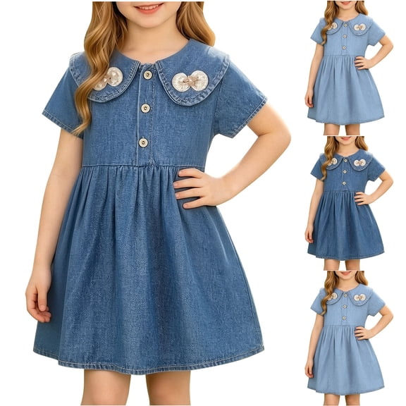 HAOTAGS Denim Dresses for Toddlers Short Sleeve Round Neck Summer Casual Sundress with Floral Blue Size 3