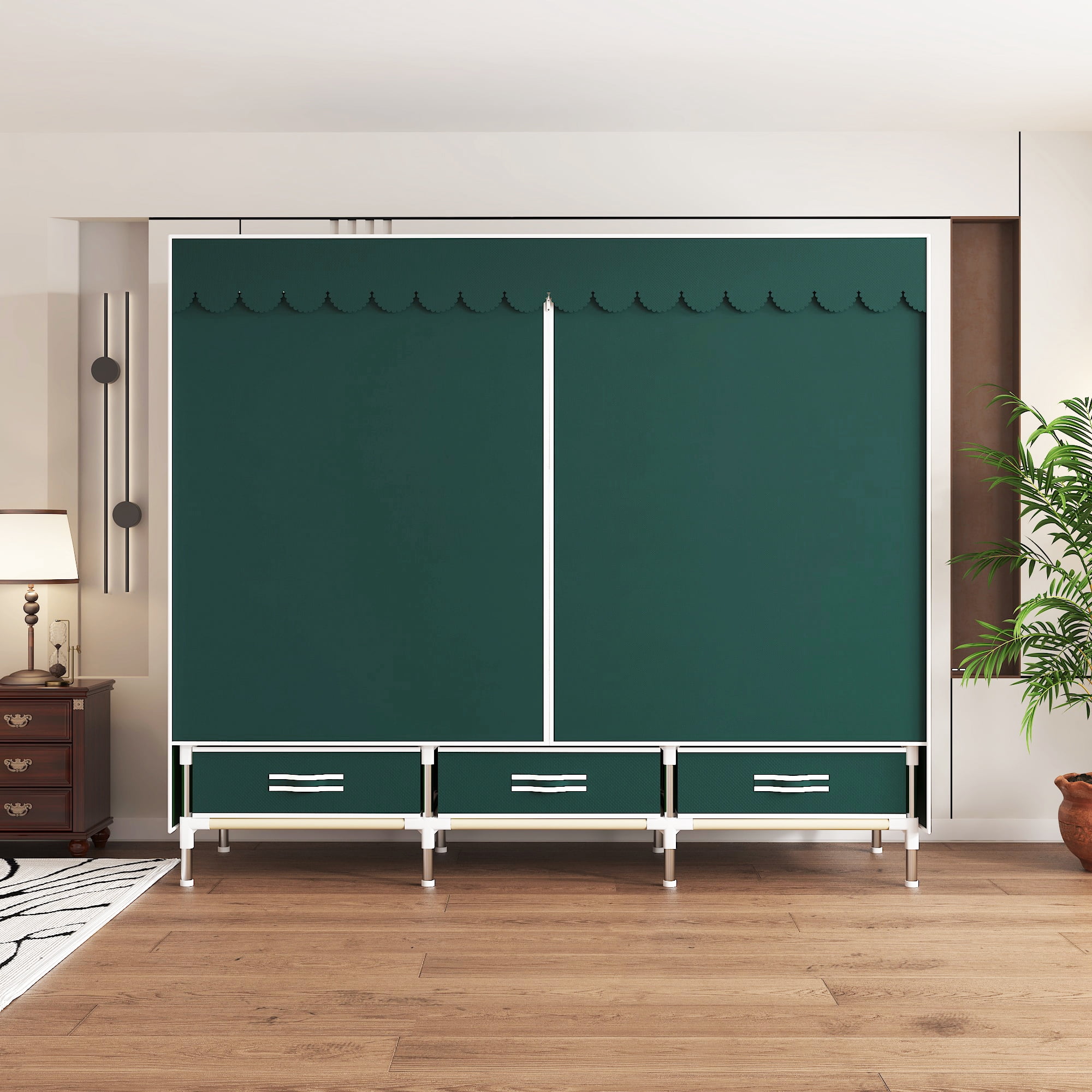 ArluKin 59Inch Portable Wardrobe Closet, 3 Storage Spaces with 3 Hanging Rods,3 Drawers，Steel Frame Fabric Organizer, Easy Assembly and Dust Resistant Design, green
