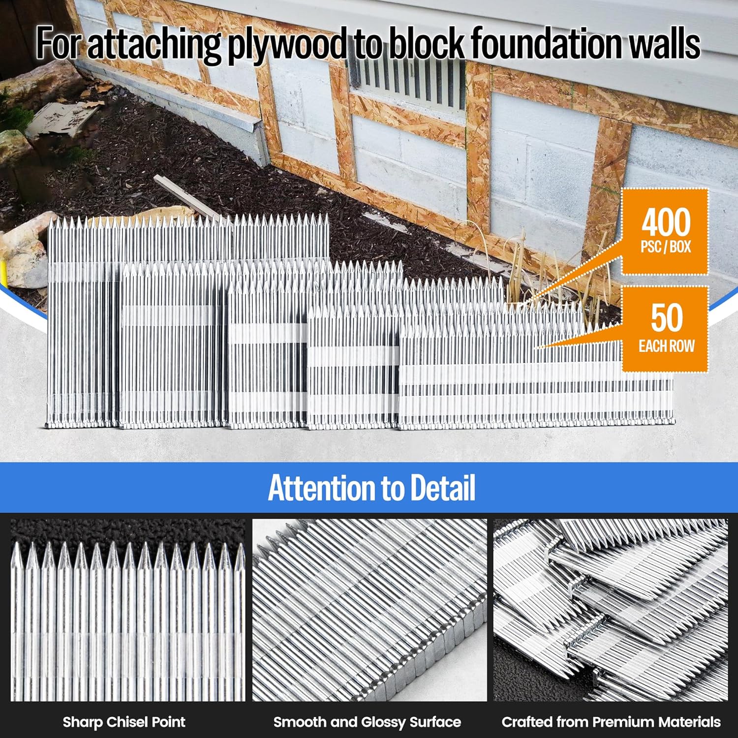 14 Gauge Concrete Nails 2 Inch Leg T-Nails for Concrete Nailer Gun, Galvanized Glue-collated Steel T Nails for Furring Strips Decking Truss Building, 400PCS/Box