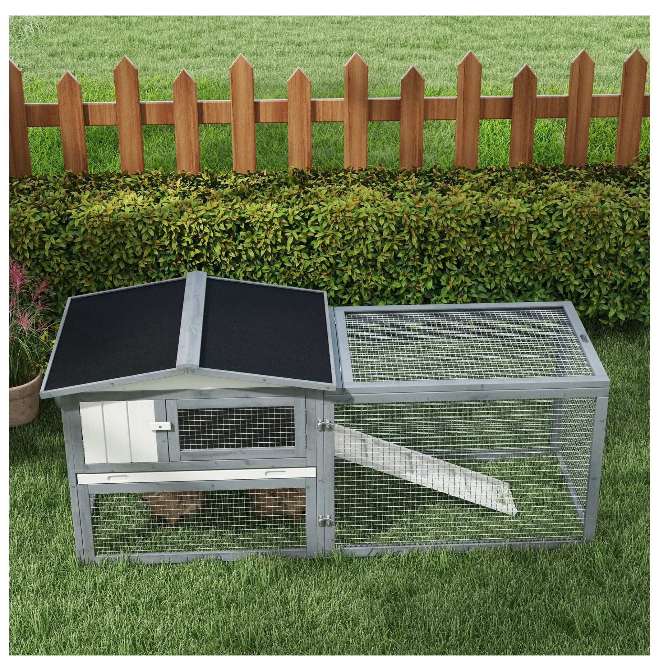 Rabbit Cage Outdoor, Spacious Outdoor Rabbit Hutch 61" Guinea Pig Cage with Run Feeding Trough Asphalt Roof White